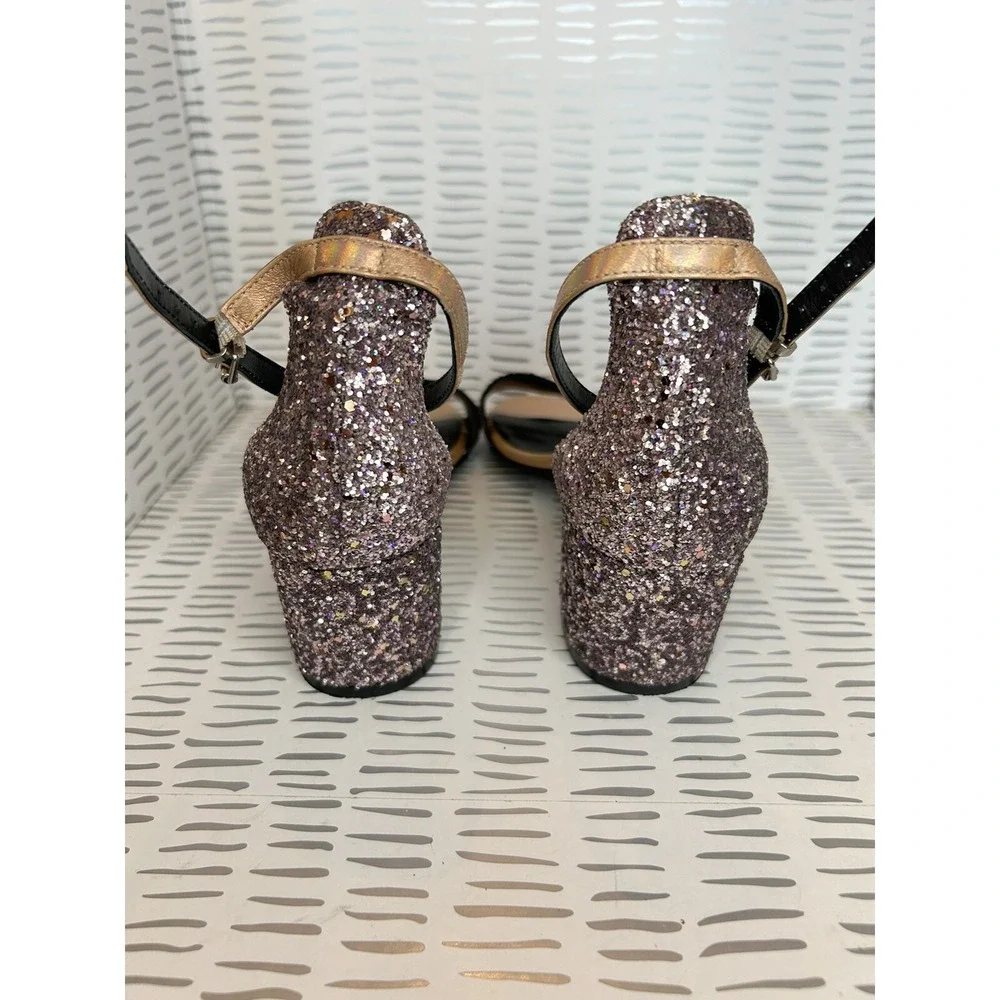 Free People Womens 39 Purple Multi Glitter Block Heel Ankle Strap Sandals‎ Disco